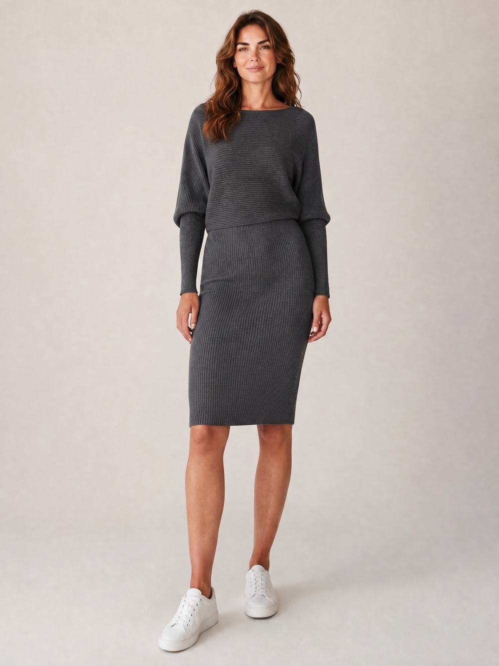 White House Black Market Off-Shoulder Ribbed Grey Sweater Dress Size XS